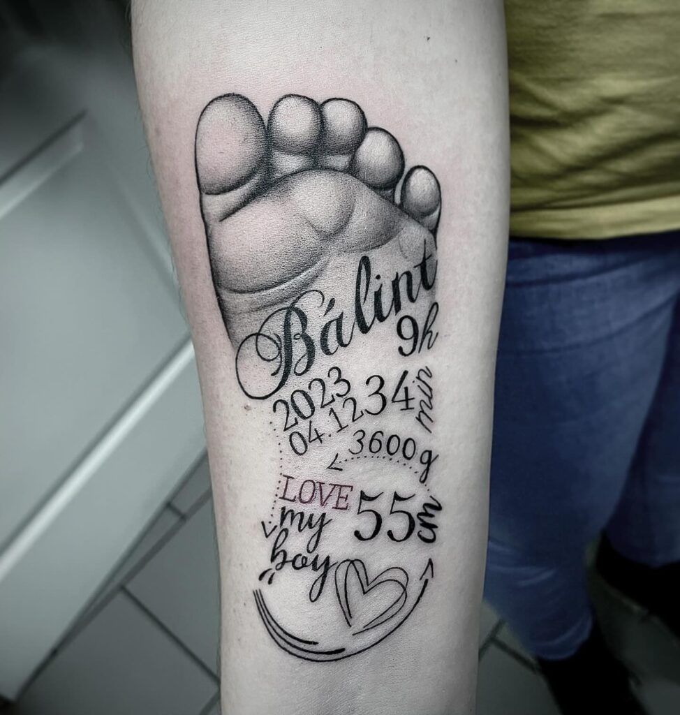 Detailed Baby Footprint with Birth Information Tattoo baby feet tattoos tattoo
