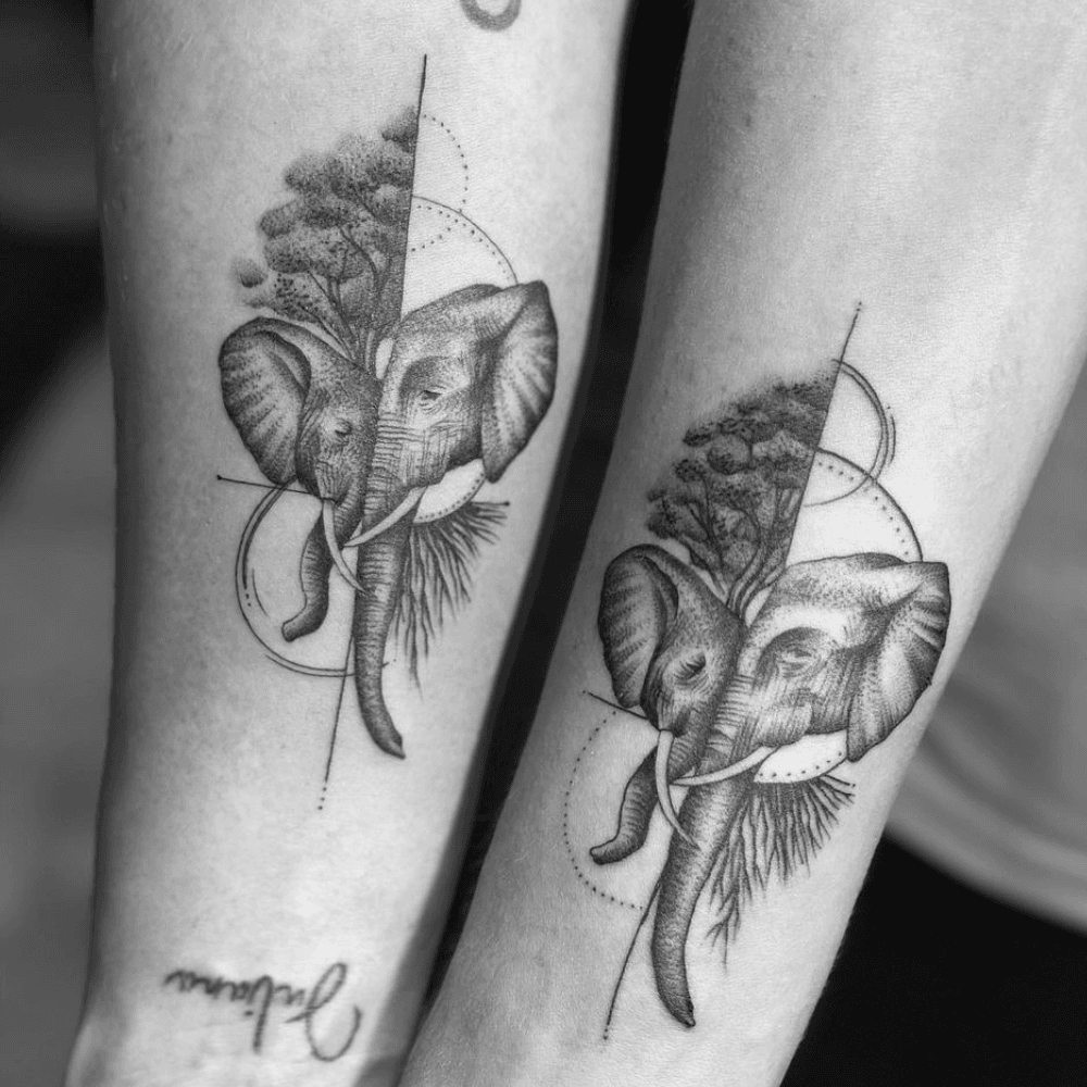 Detailed Elephant Matching Tattoos mom and son tattoo ideas tattoo