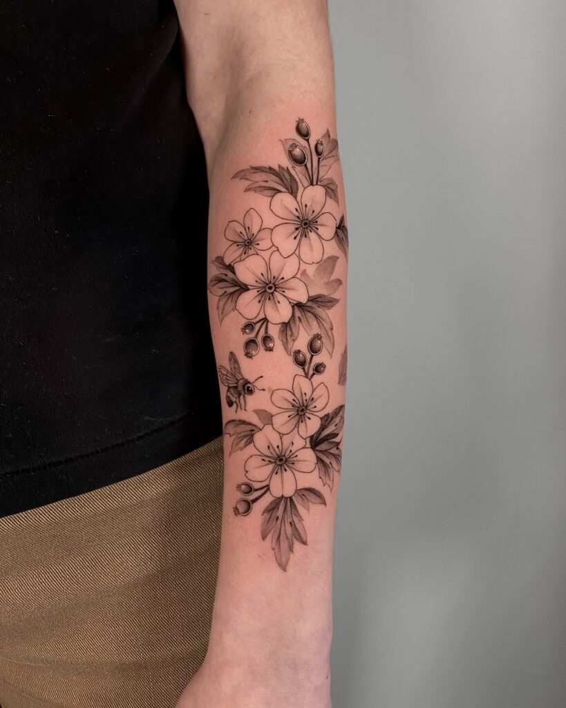 Detailed Hawthorn Blossom Forearm Tattoo with Bee may birth flower tattoos tattoo
