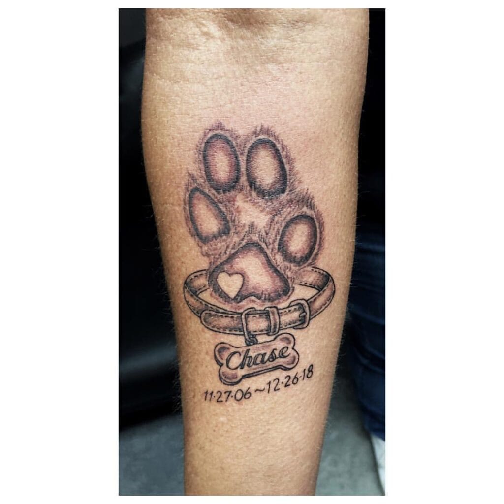 Detailed Paw Print with a Heart, Colar, & Bone-shaped Tag pet memorial tattoos tattoo