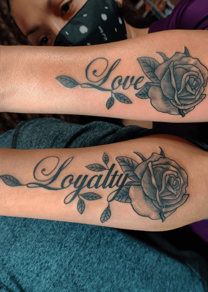 Detailed Roses & Words mom and son tattoo ideas tattoo