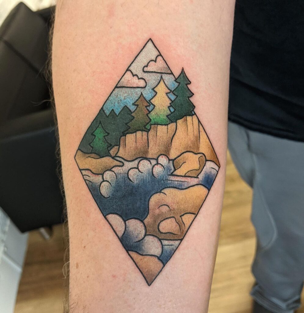 Diamond Portal with River and Evergreen Canopy nature scene tattoo