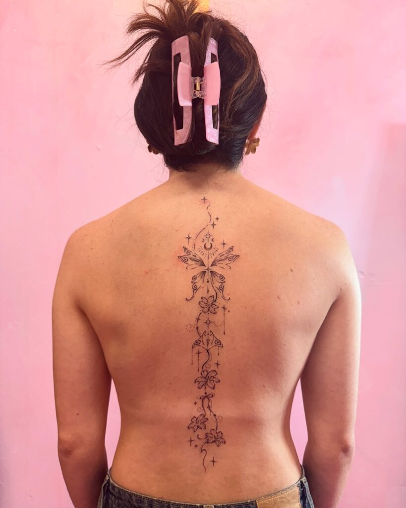 Spiritual Linework Tattoo With Lotus And Celestial Symbols