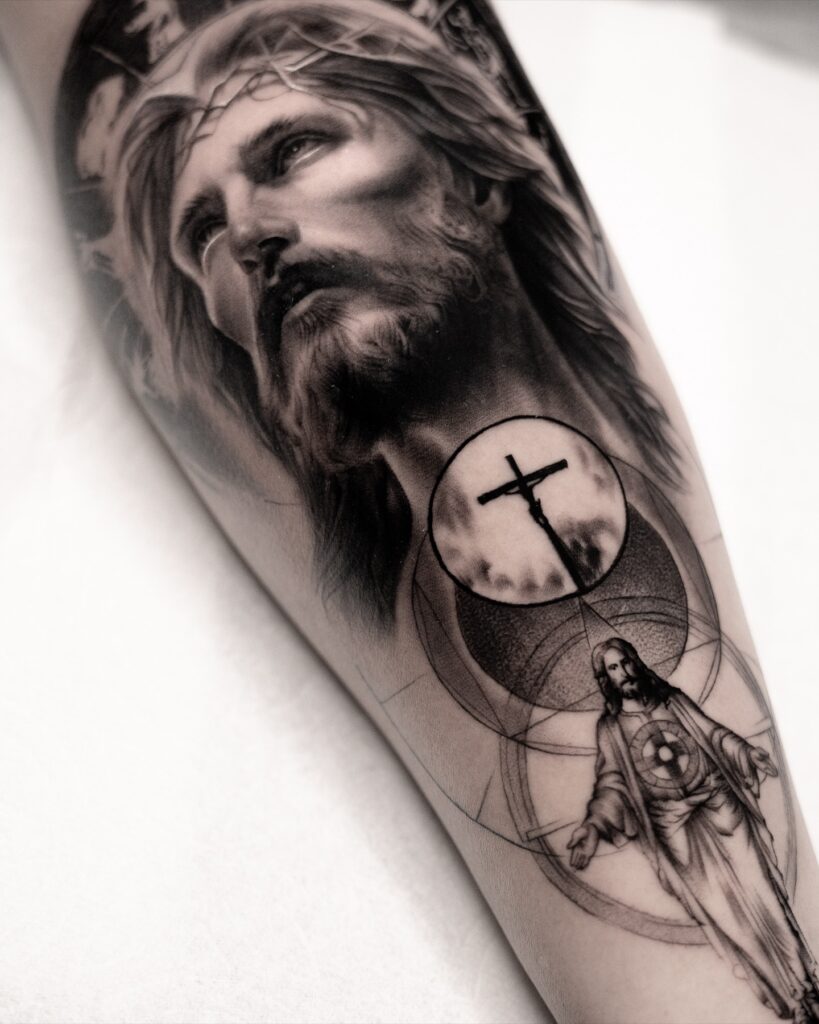 Neo-Traditional Jesus and Floral Tattoo jesus tattoos tattoo