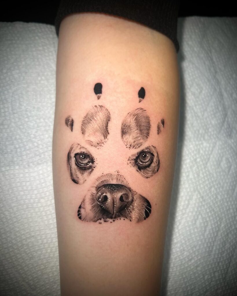 Dog Portrait within Paw Print Tattoo dog memorial tattoos tattoo