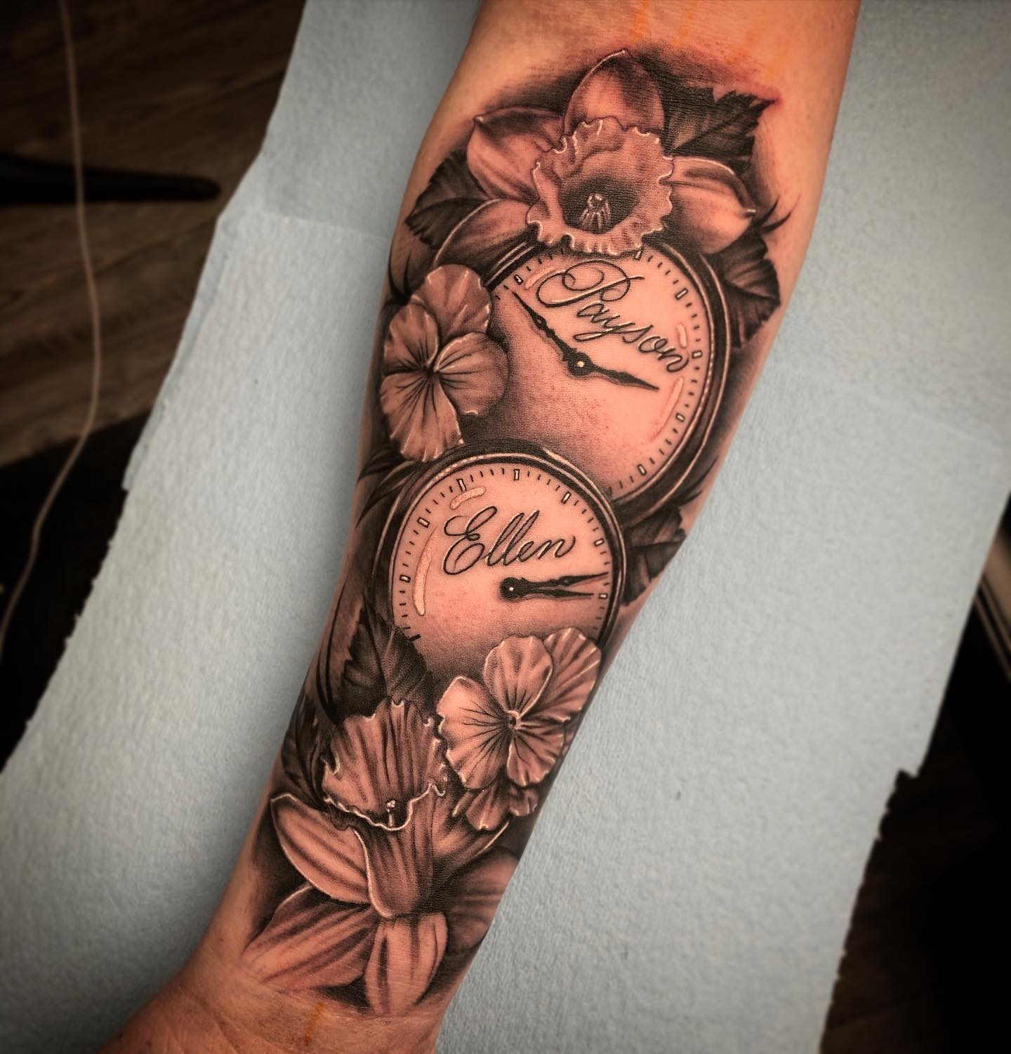 Birth Clock Tattoo With Flower and Feather birth clock tattoos tattoo