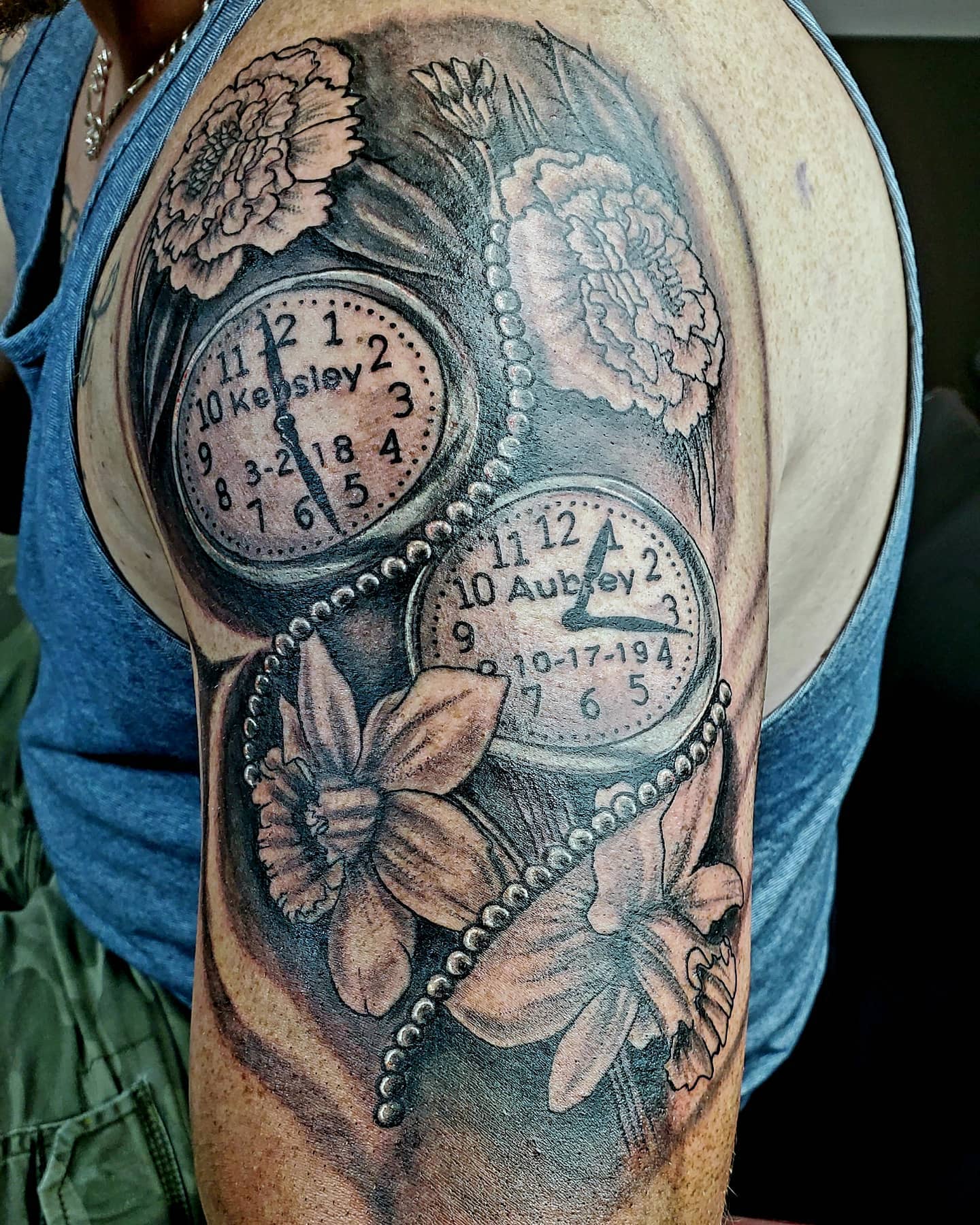 Double Heart Birth Clock Tattoo With Rose birth clock tattoos tattoo