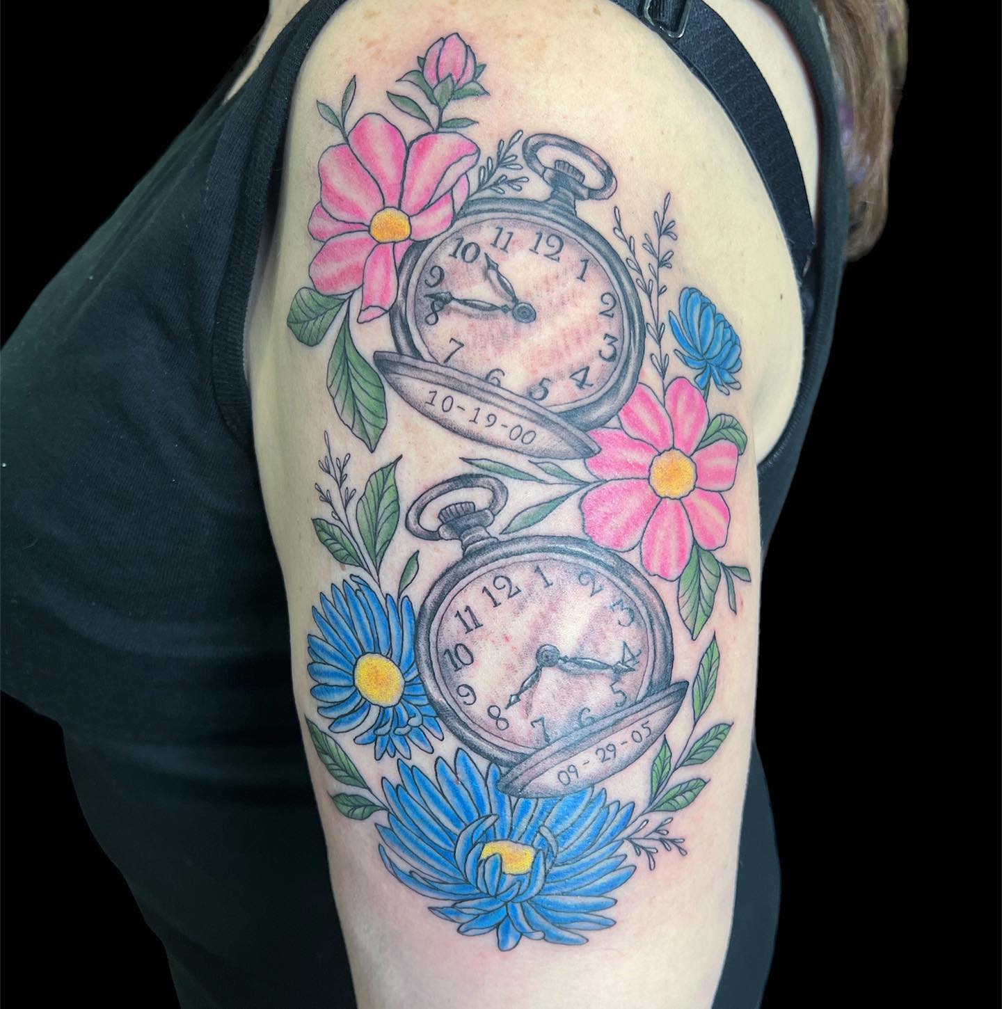 Birth Clock Tattoo With Flowers and Name Banner birth clock tattoos tattoo
