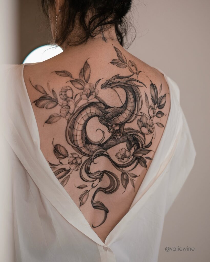 Two Flying Dragons Back Tattoo