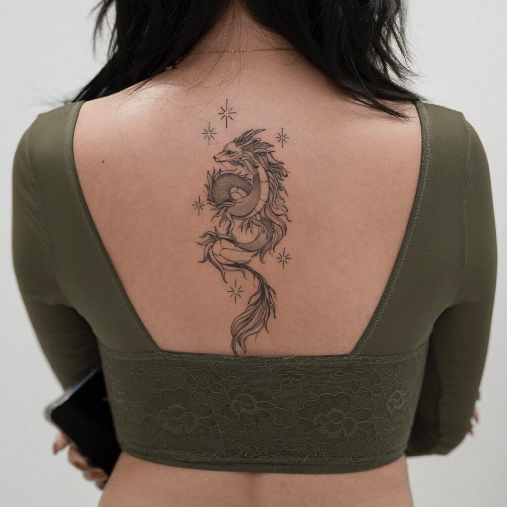 Dragon And Floral Thigh Tattoo