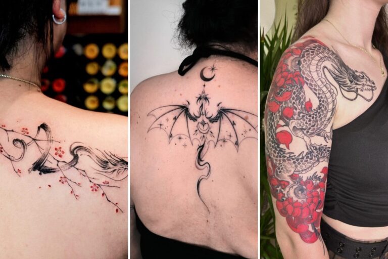 Aesthetic dragon tattoos for women and delicate ink ideas collage