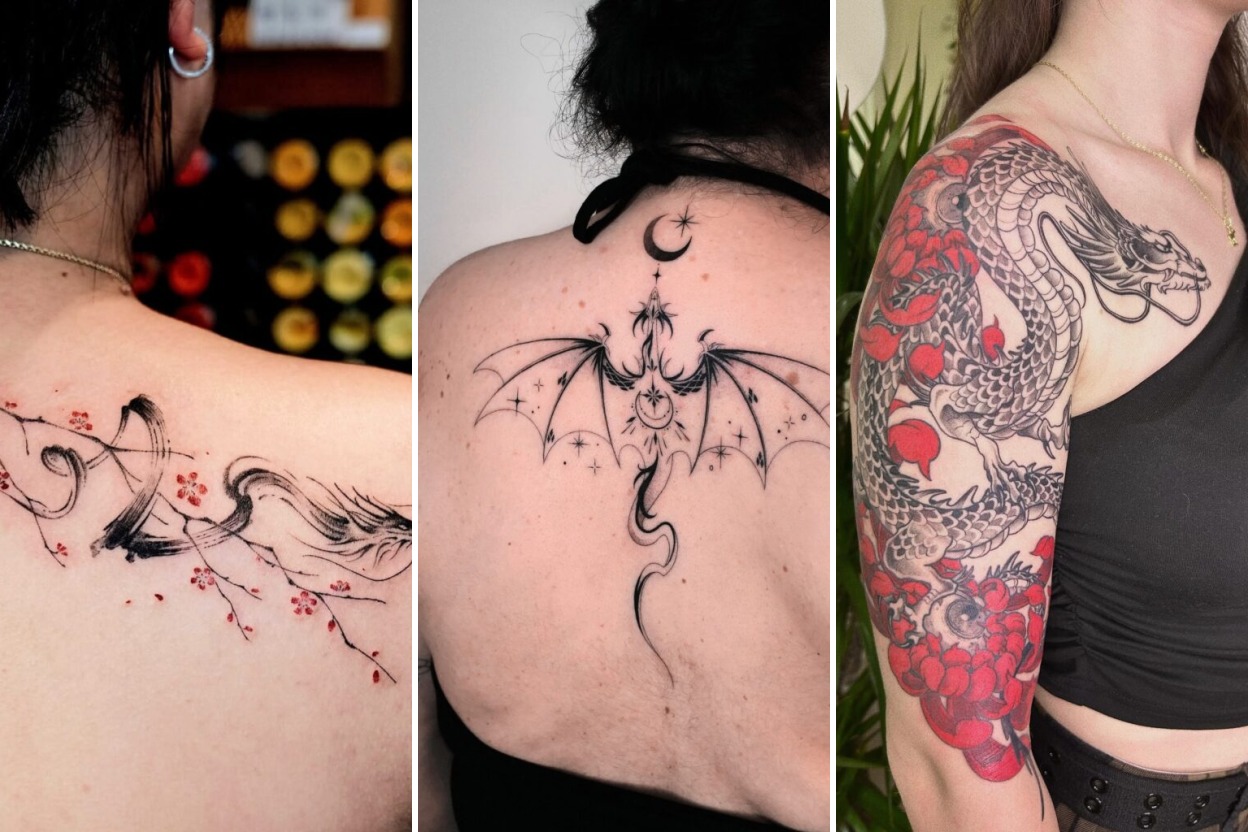 Aesthetic dragon tattoos for women and delicate ink ideas collage