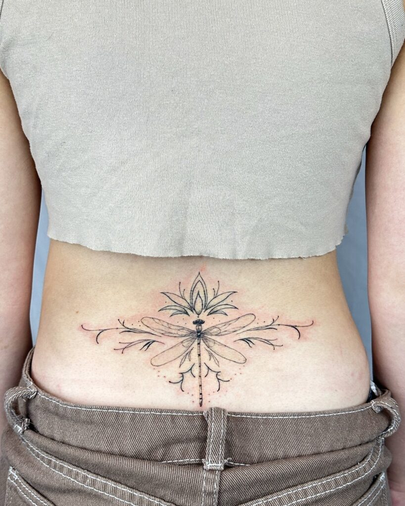 Red Butterfly And Hearts Lower Back Tattoo