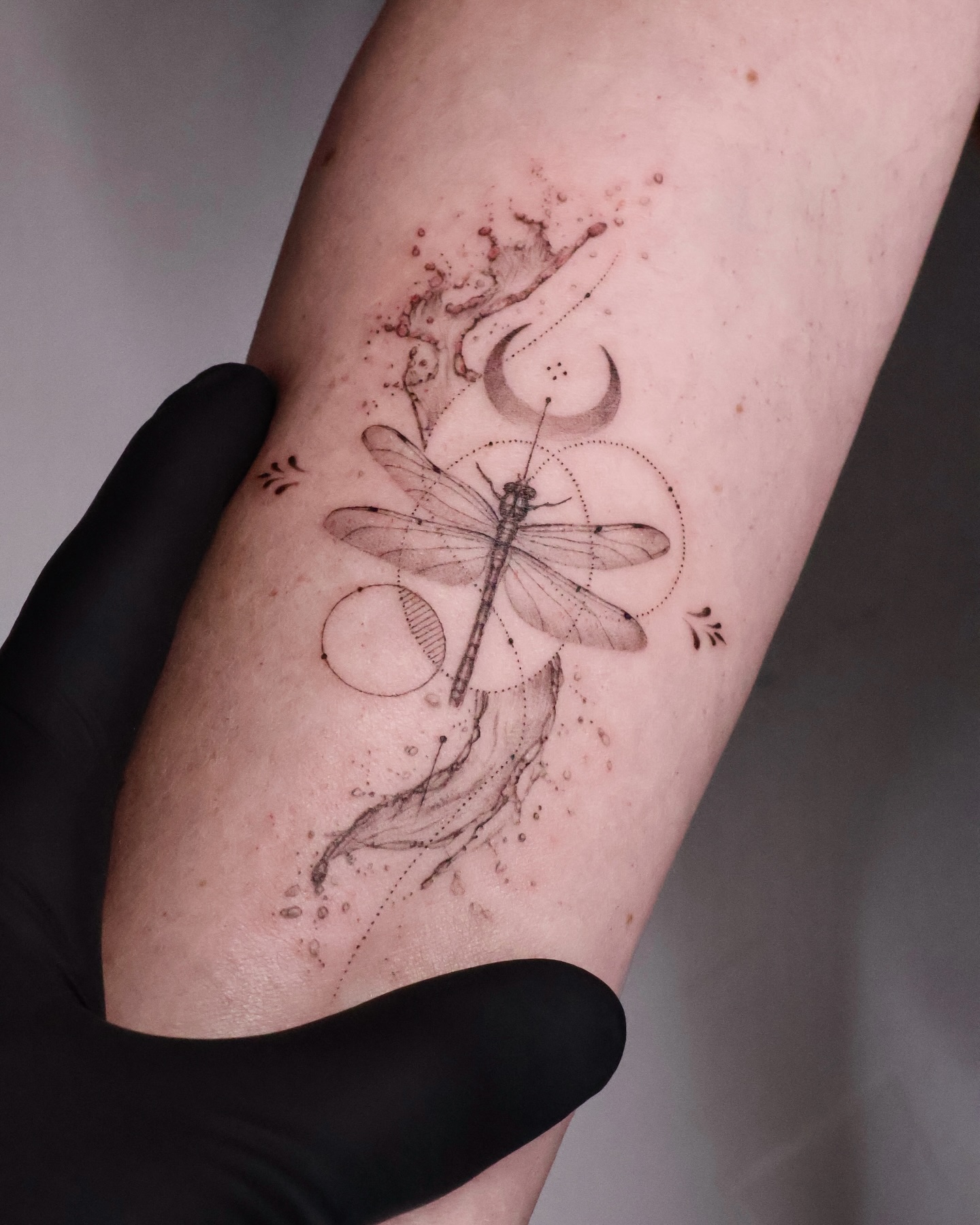 Celestial Dragonfly Tattoo With Moon Phases