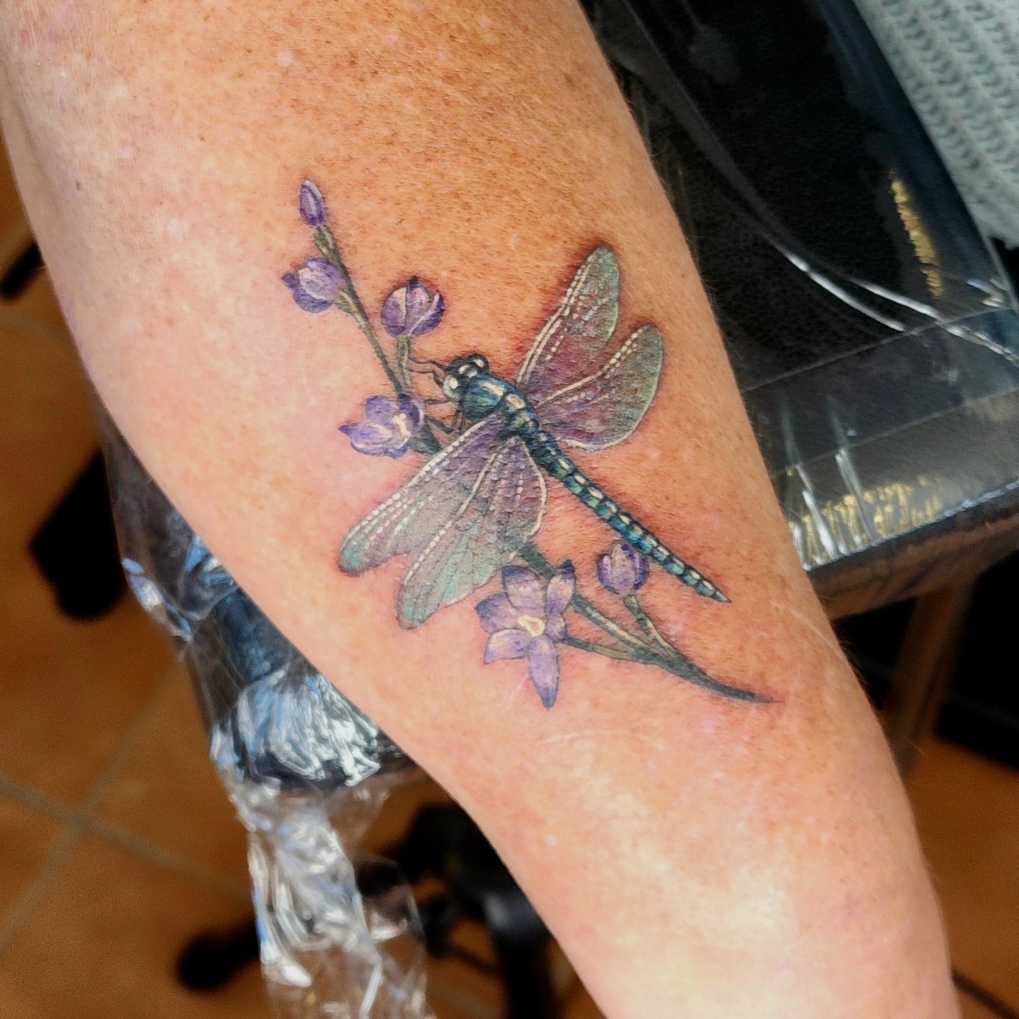 Dragonfly And Purple Wildflowers Tattoo