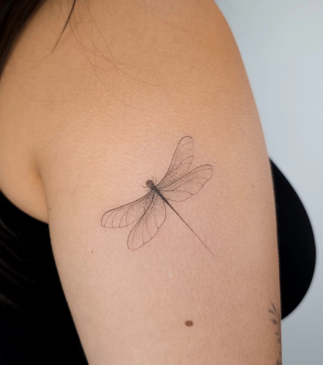 Fine Line Dragonfly Silhouette Tattoo