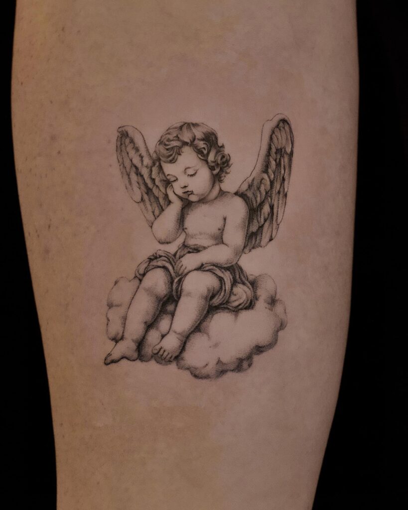 Dreamy Cherub on a Cloud Tattoo angel tattoo ideas tattoo