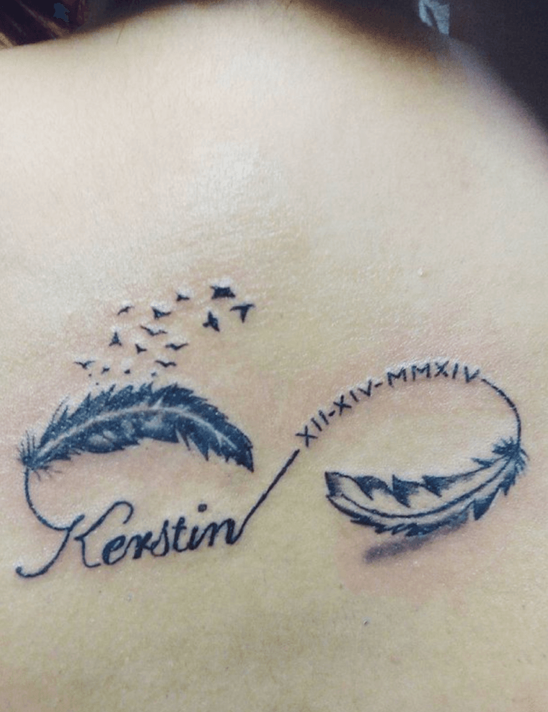 Drifting Feathers and Songbirds with Name Banner kids name tattoo
