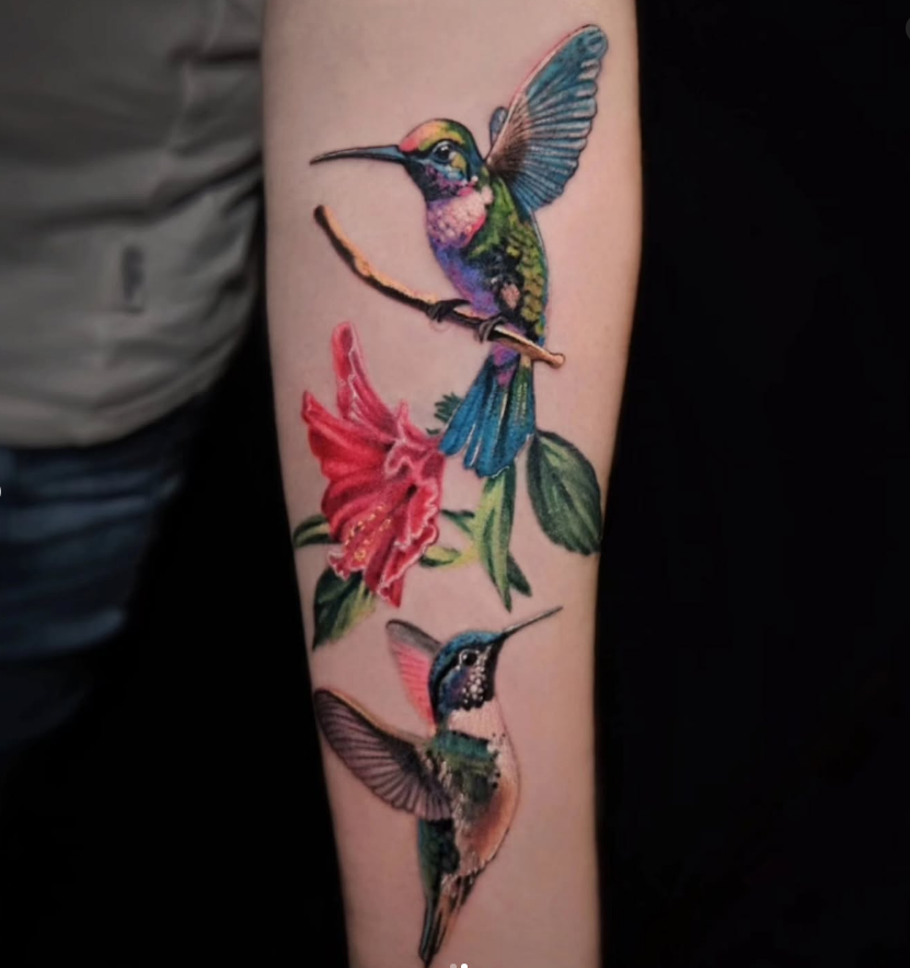 Dual Hummingbirds with Red Hibiscus Forearm Tattoo hummingbird tattoos tattoo
