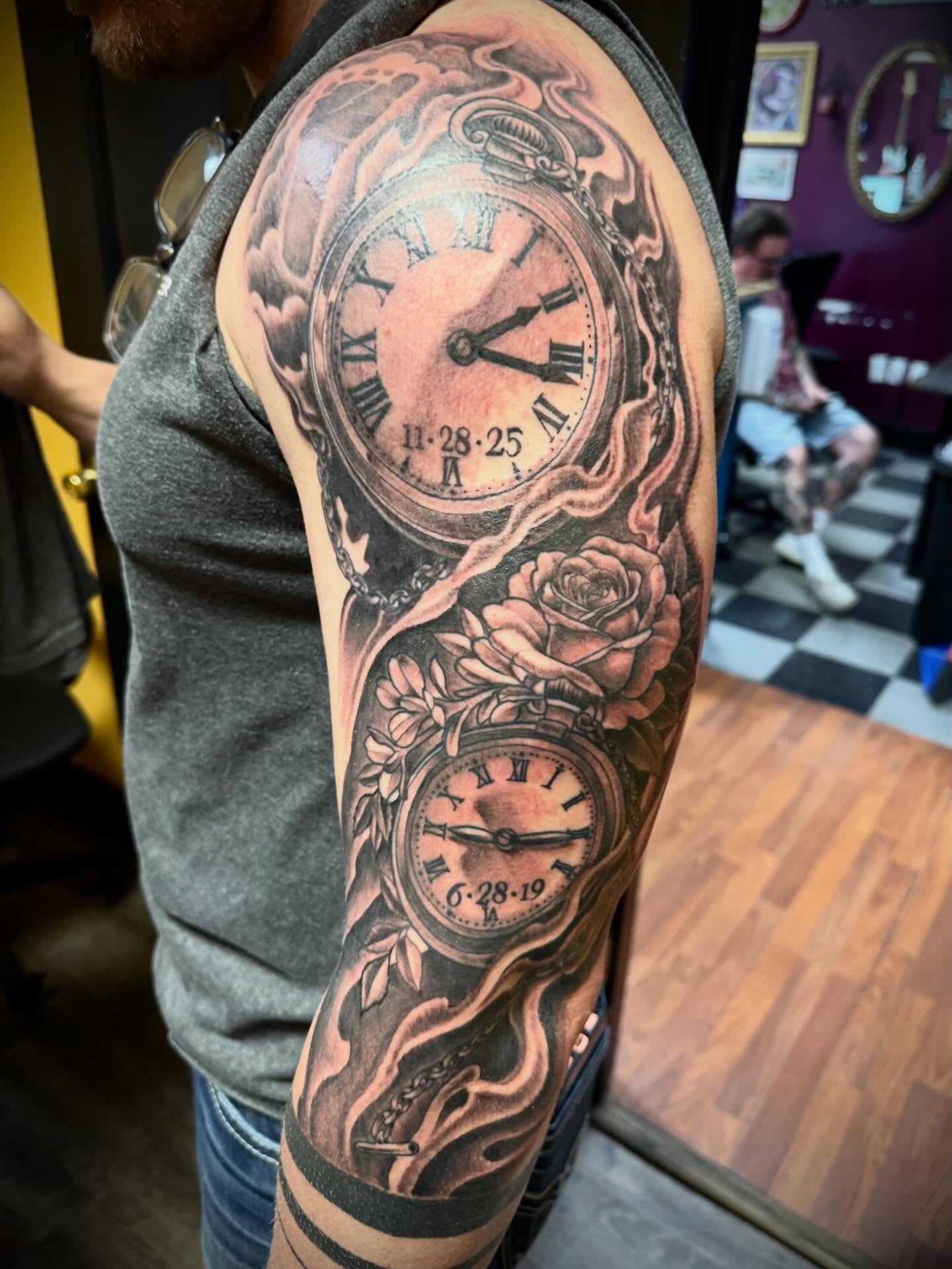 Dual Pocket Watch Clock Sleeve Tattoo clock tattoo ideas tattoo