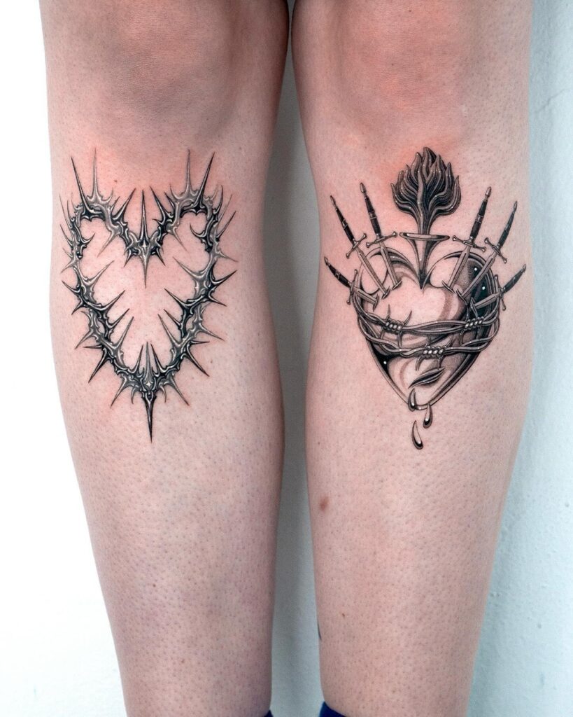 Sacred Heart Chest Tattoo with Crown of Thorns and Flame sacred heart tattoo ideas tattoo