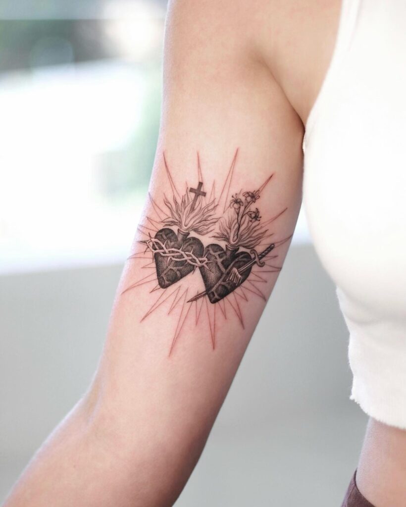 Colorful Sacred Heart Tattoo with Flower in Traditional Style sacred heart tattoo ideas tattoo