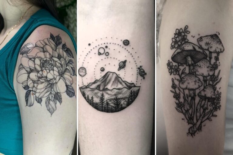 Aesthetic earthy tattoo ideas and delicate ink ideas collage