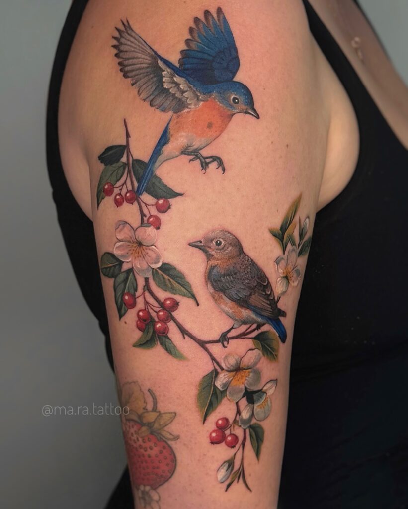 Eastern Bluebird Pair with Blossoms Tattoo bird tattoo ideas for women with meaning tattoo
