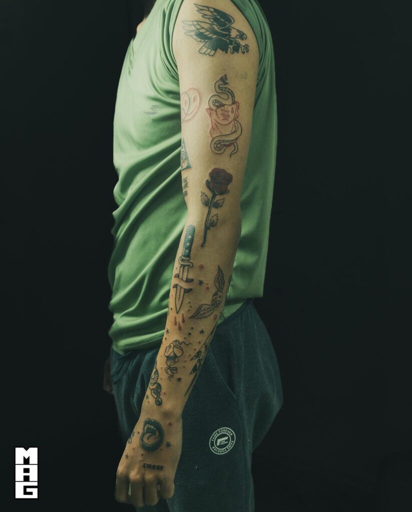 Whimsical Wonderland Patchwork Tattoo Sleeve