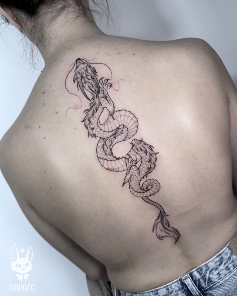 Dragon With Red Stars Back Tattoo