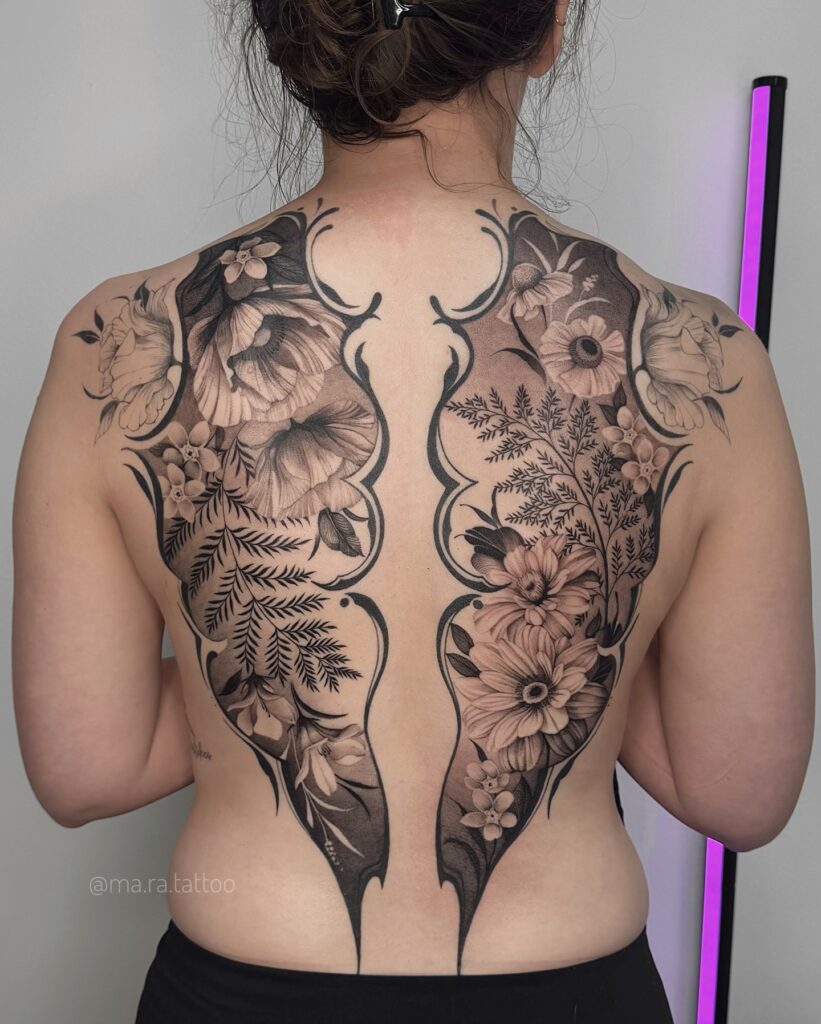 Full Back Cybercigilism Cross And Spine Tattoo