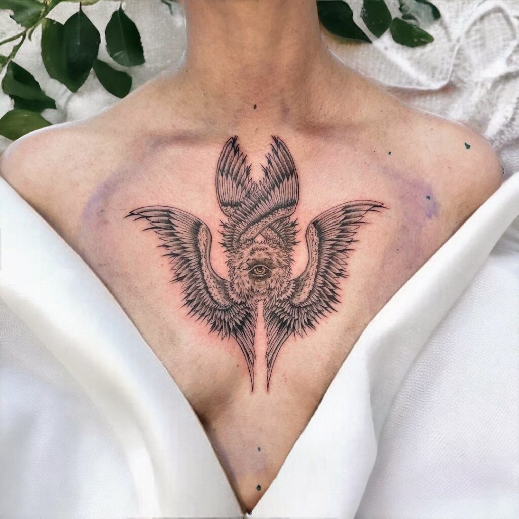 Elegant Chest Seraphim Tattoo with All-Seeing Eye seraphim angel tattoo ideas tattoo