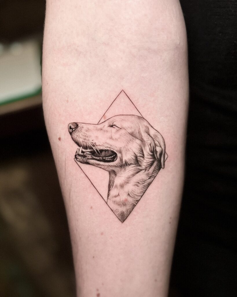 Elegant Dog Profile with Geometric Frame Tattoo dog memorial tattoos tattoo