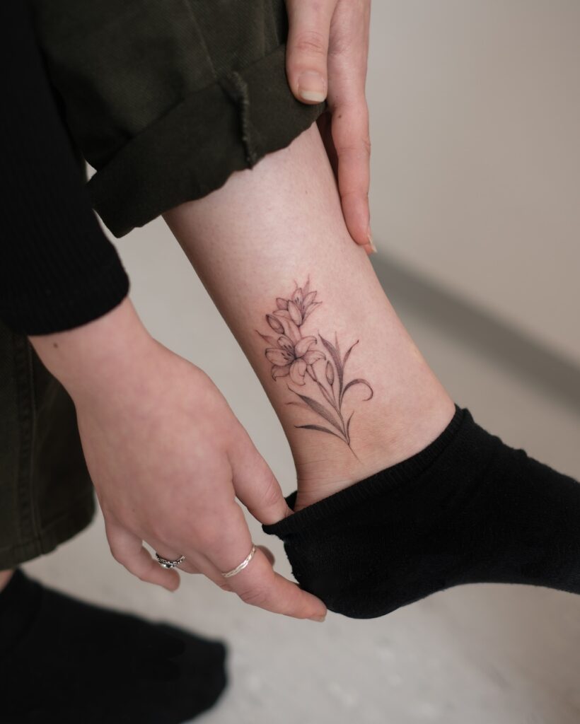 Heart And Feather Ankle Tattoo With Birds