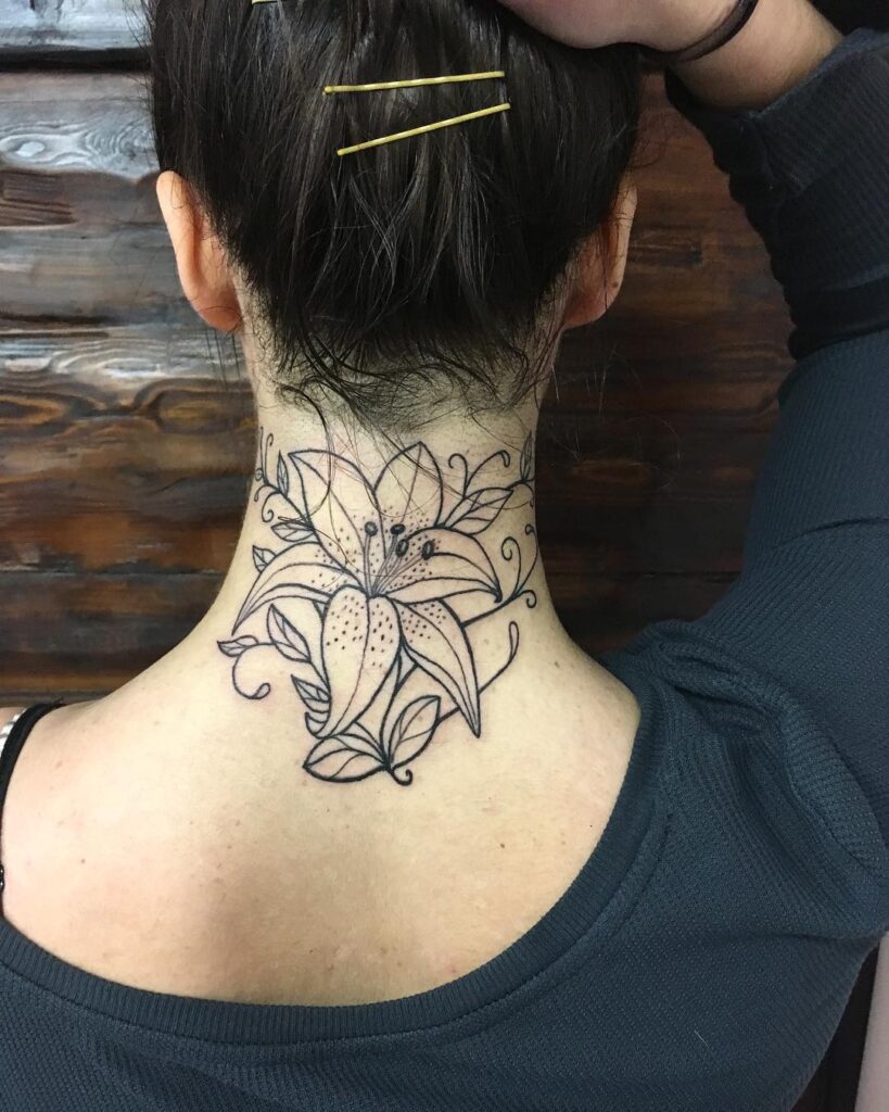 Delicate Wildflower Back Of Neck Tattoo