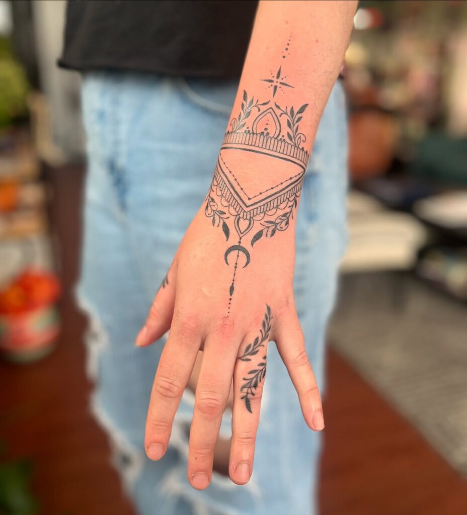 Elegant Mandala and Crescent Wrist-Hand Tattoo mandala wrist tattoo ideas tattoo