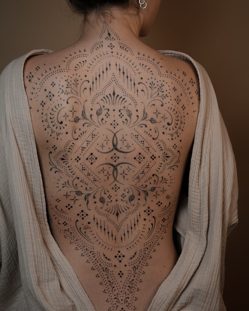 Ornamental Full Back Tattoo With Flowing Florals