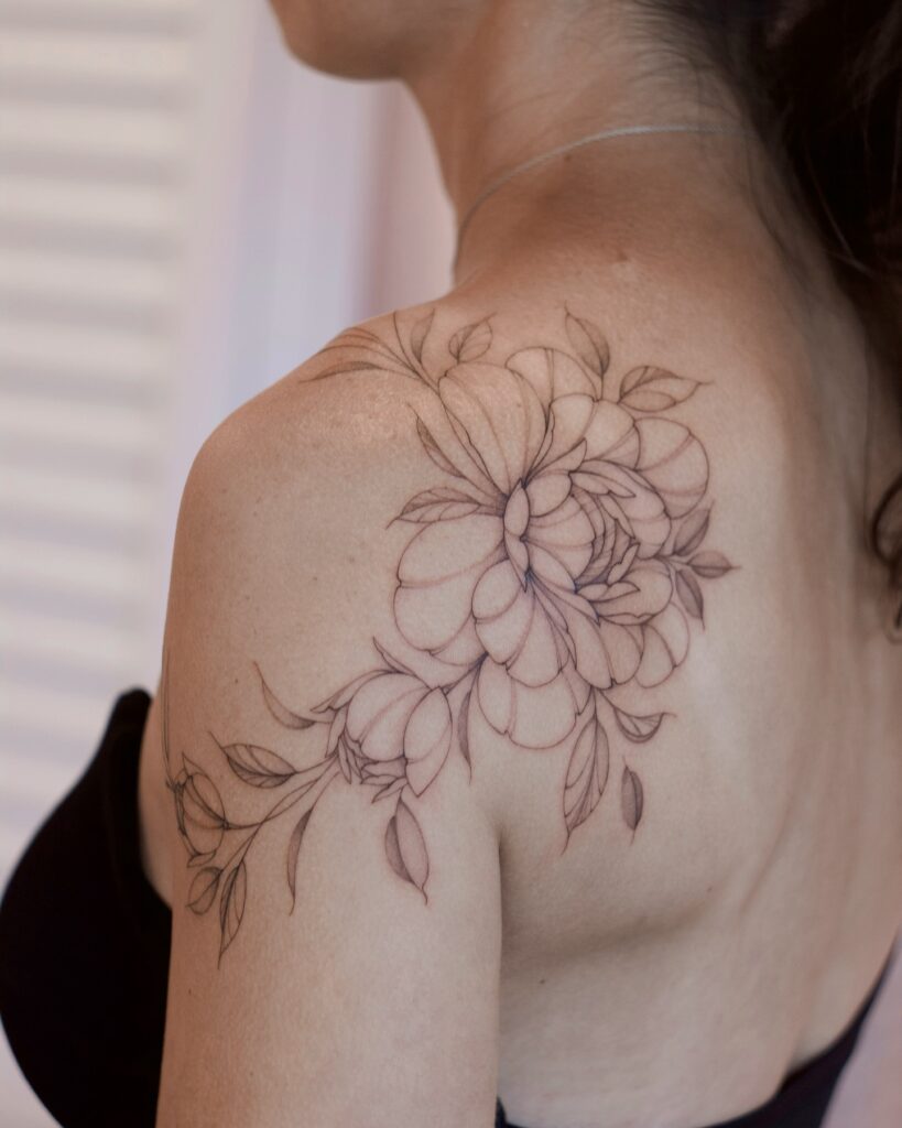 Elegant Peony Outline Shoulder Tattoo peony flower tattoo ideas tattoo
