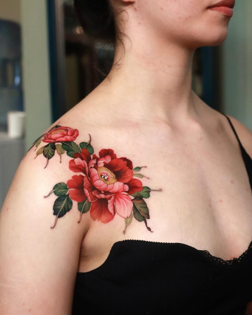 Elegant Red Peony Shoulder Tattoo peony flower tattoo ideas tattoo