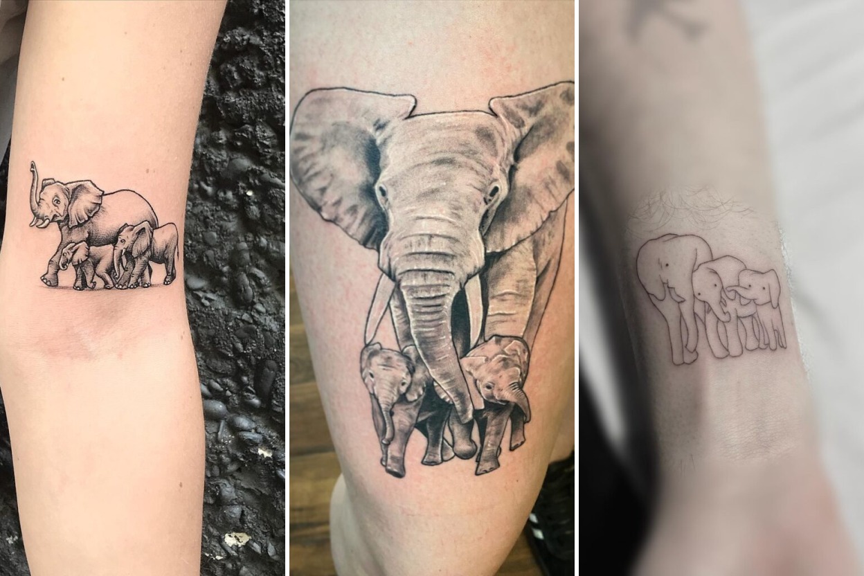 Aesthetic elephant family tattoo ideas and delicate ink ideas collage