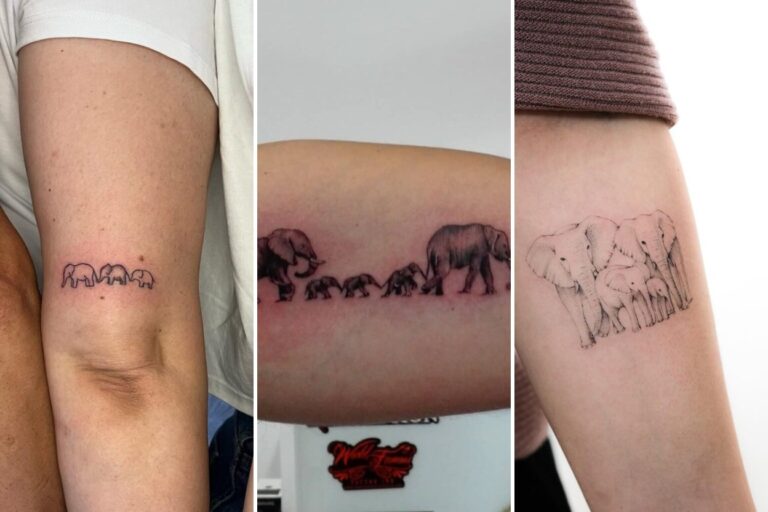 Aesthetic elephant family tattoo ideas and delicate ink ideas collage