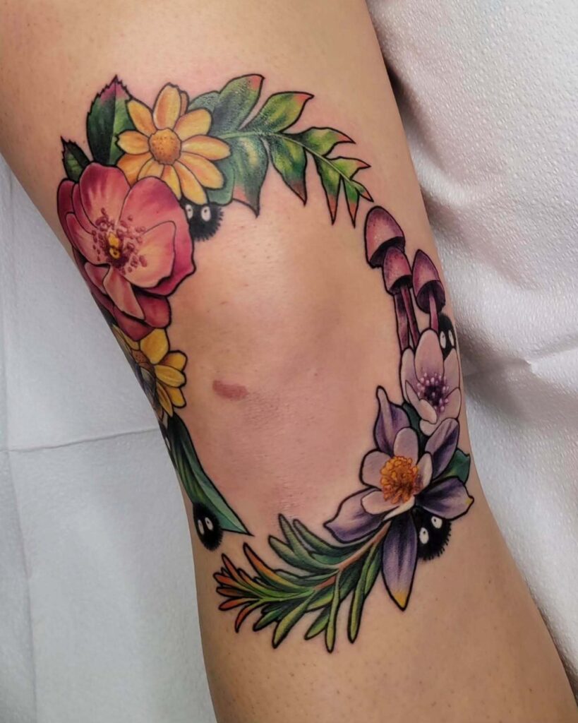 Simple Floral Circle Knee Frame Tattoo Design