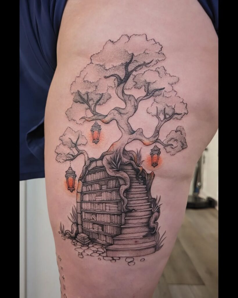 Cozy Library Scene With Cat Tattoo