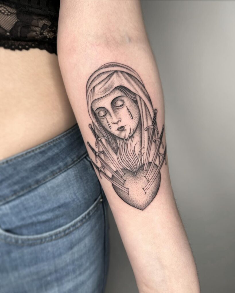 Framed Virgin Mary Tattoo in Vintage Style virgin mary tattoos tattoo