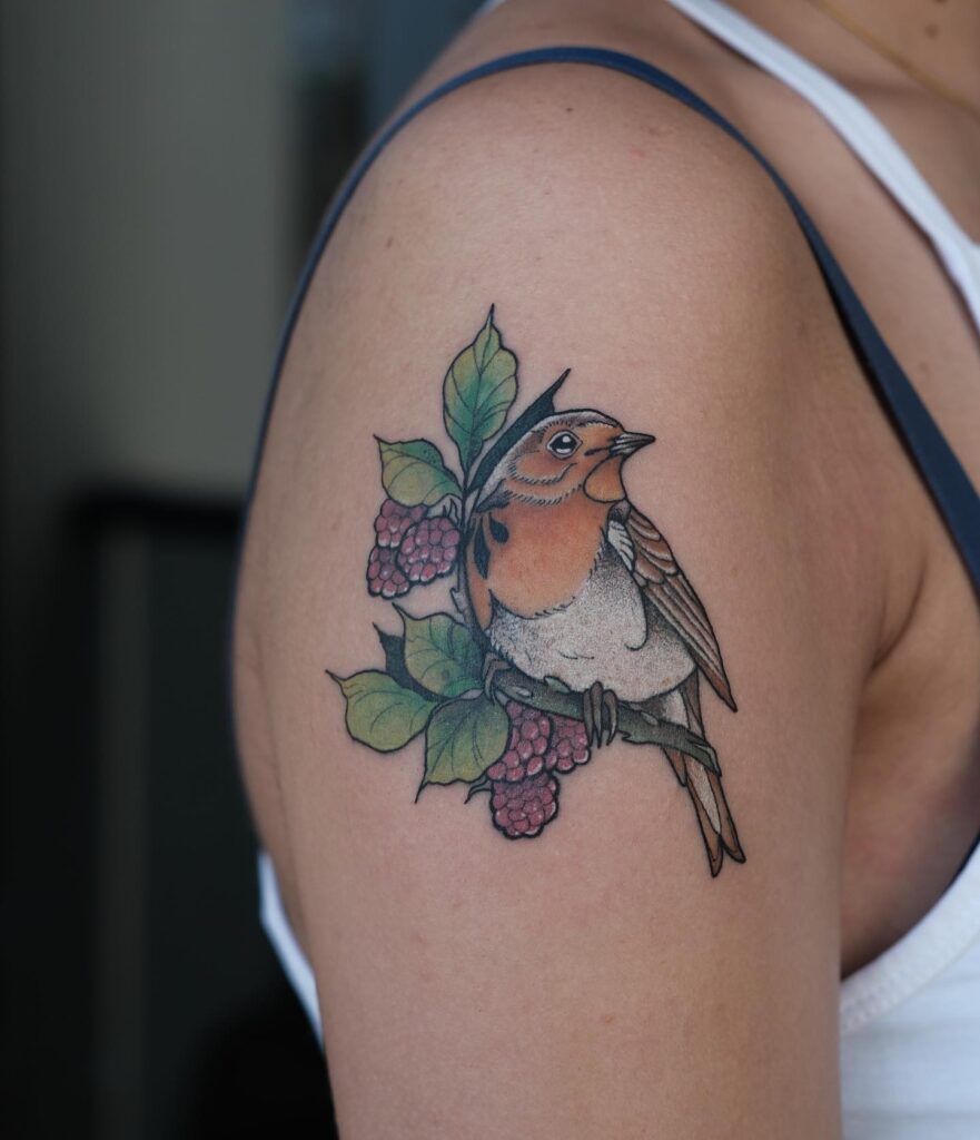 European Robin with Berry Branch Tattoo bird tattoo ideas for women with meaning tattoo