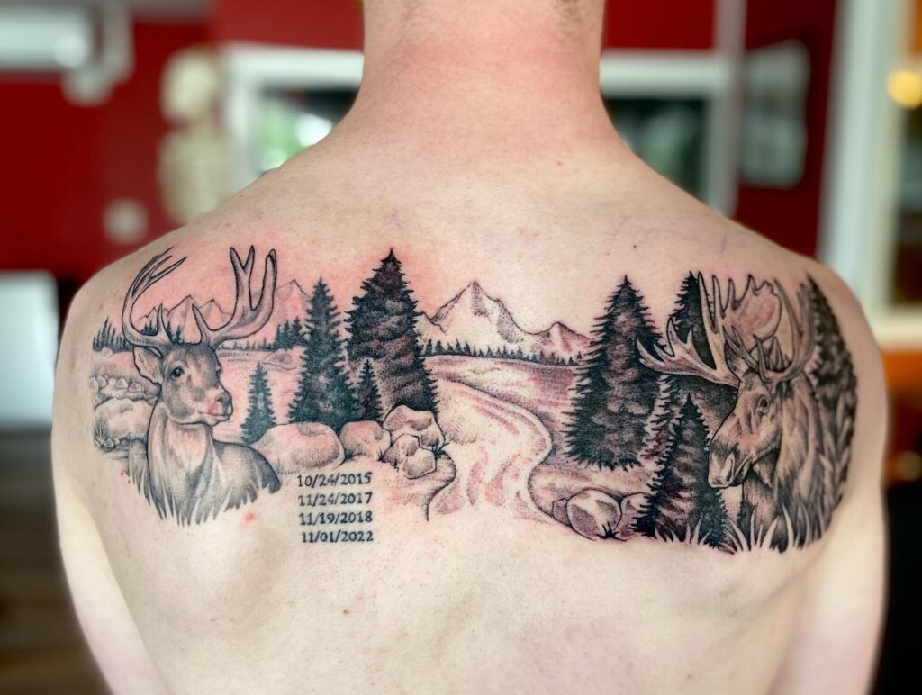 Expansive Mountain River Wildlife Panorama nature scene tattoo