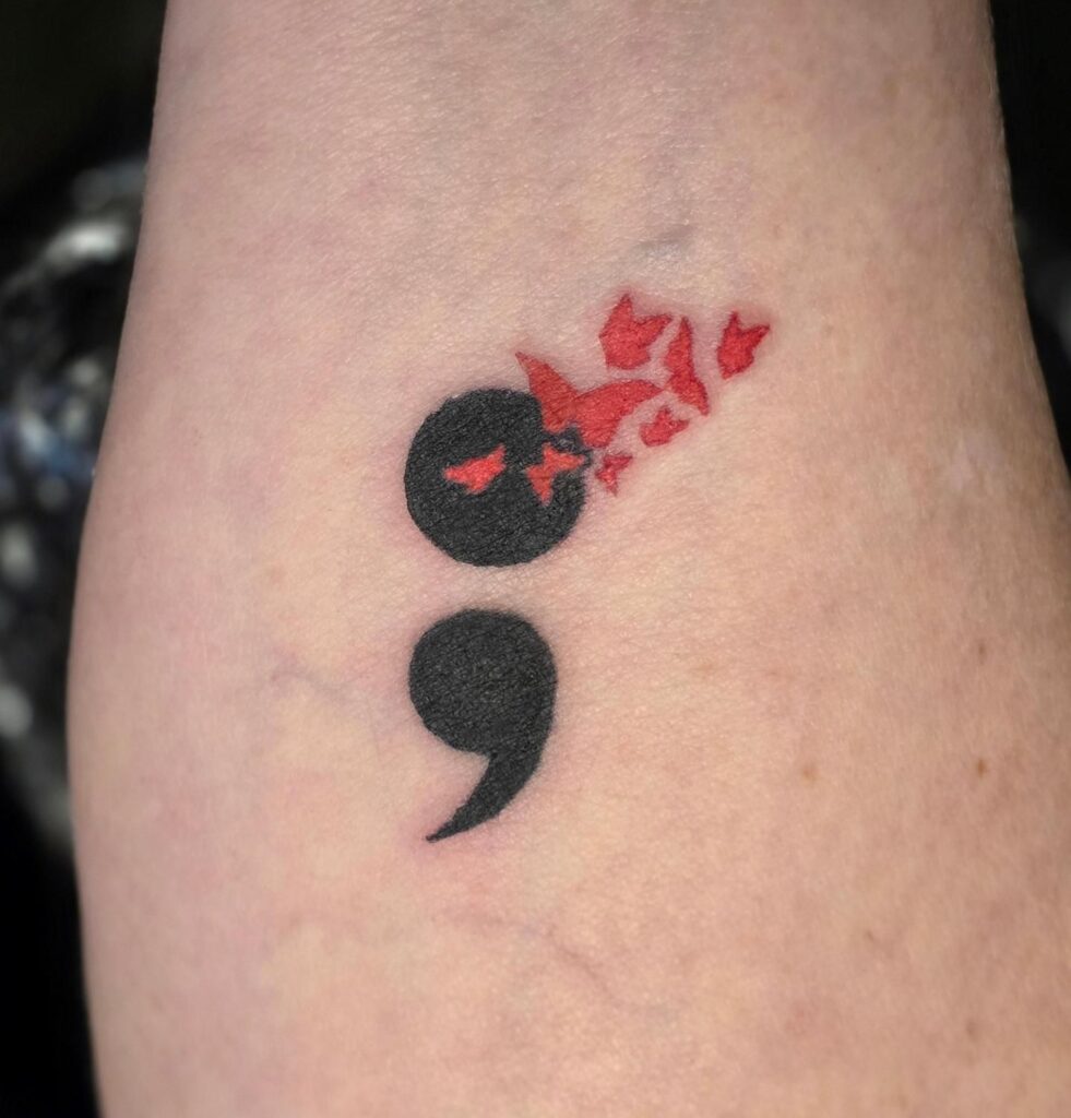 Exploding Butterfly Semi-Colon Tattoo meaningful semicolon tattoo ideas tattoo