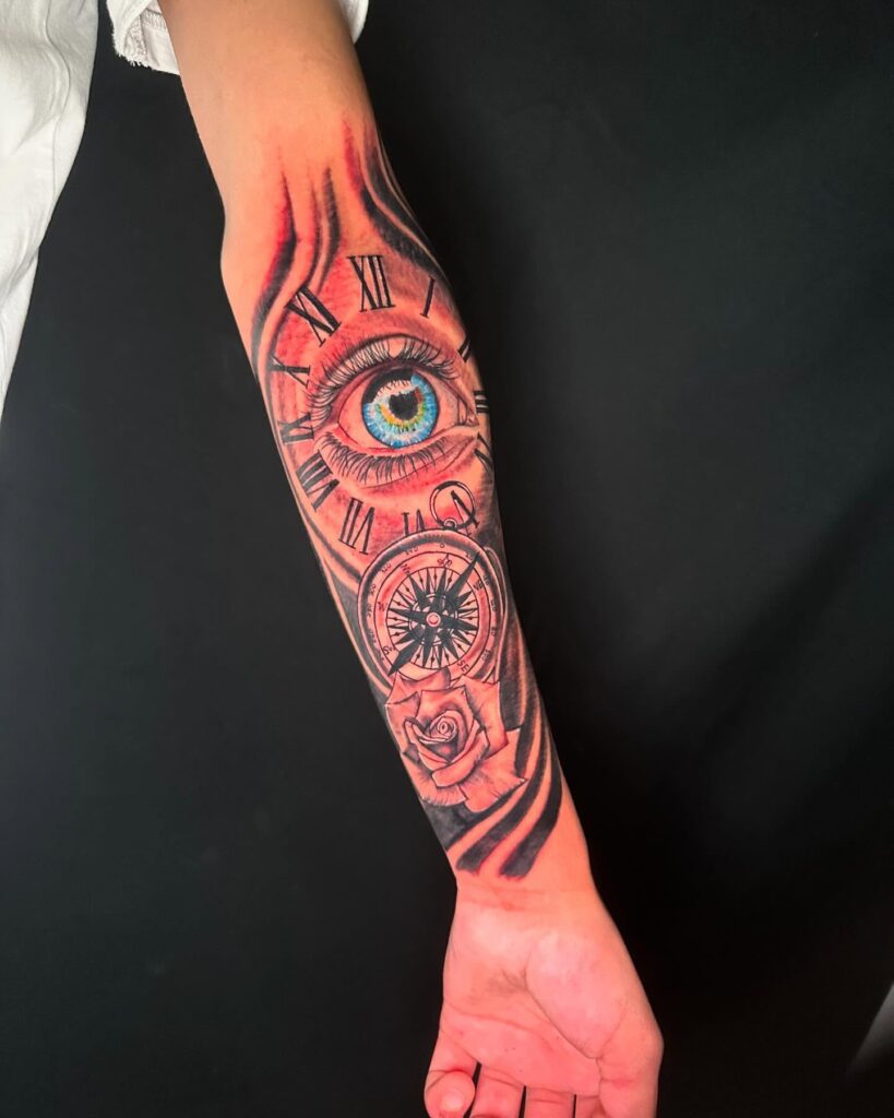 Eye, Clock, and Compass Half Sleeve Tattoo half sleeve tattoos for men tattoo