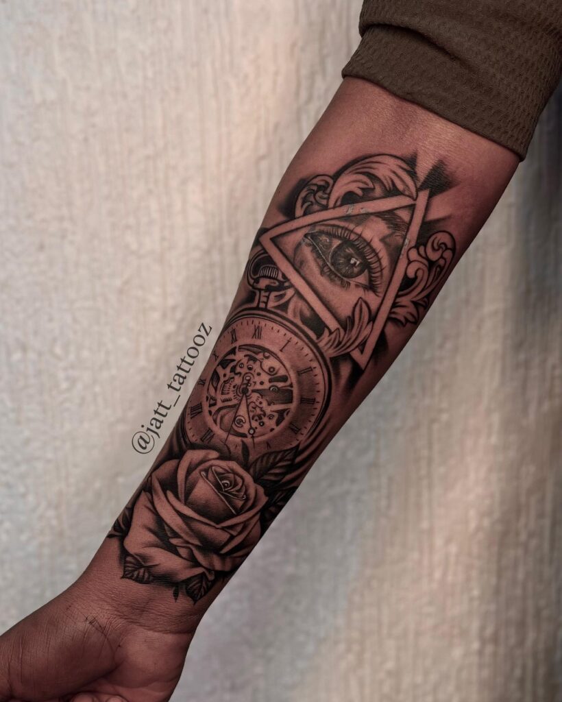 Eye, Clock, and Rose Tattoo half sleeve tattoos for men tattoo