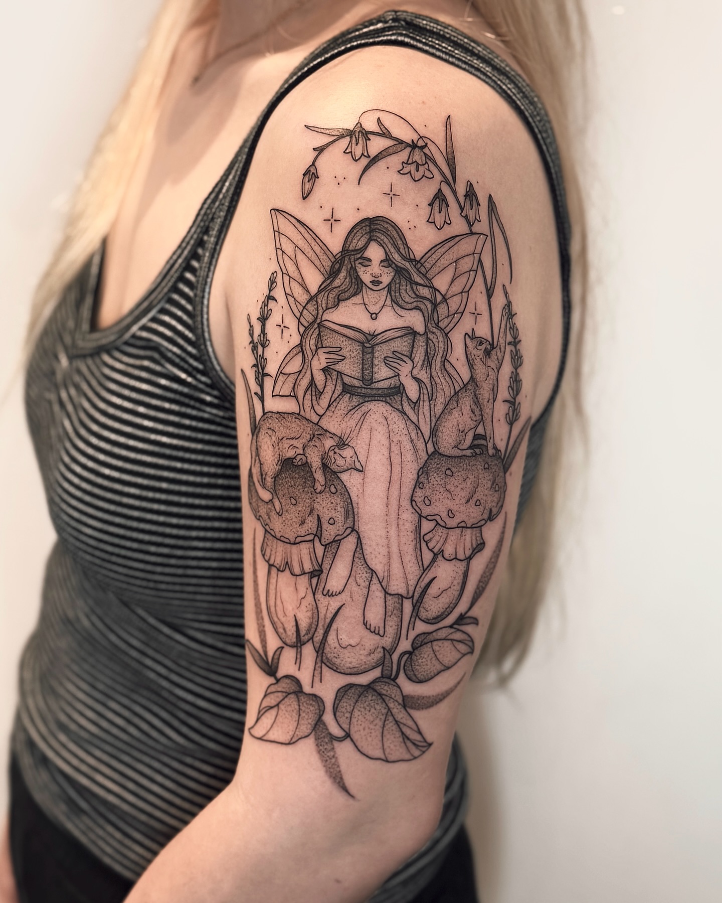 Fairy Reading Among Mushrooms Tattoo nature tattoos for women tattoo